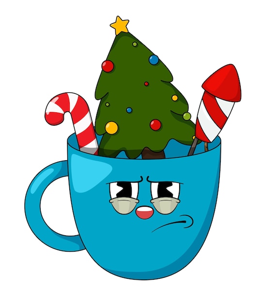 Blue cup with lollipop christmas tree and firework rocket in comic cartoon style