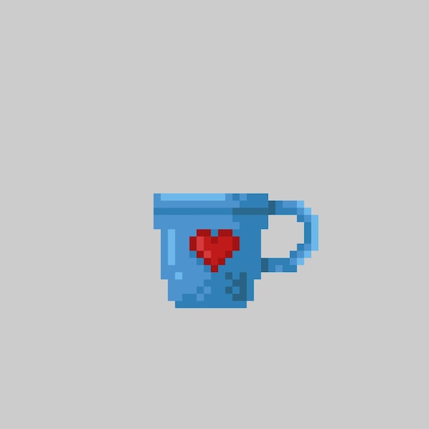 blue cup with love sign in pixel art style