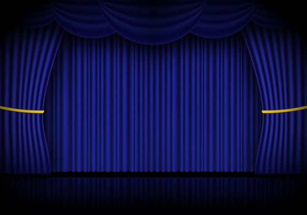 Blue curtain opera, cinema or theater stage drapes. Spotlight on closed velvet curtains background. Vector illustration