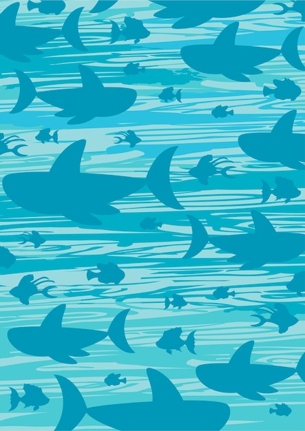 Blue Cute Cartoon Great White Sharks and Tropical Fish in Silhouette Pattern