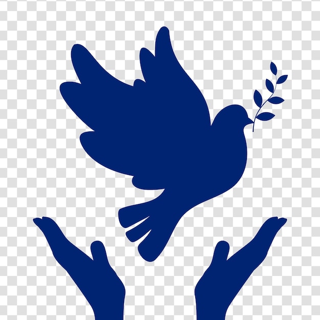 Vector blue dove of peace and hands on a transparent background logo icon design peace antiwar symbol art