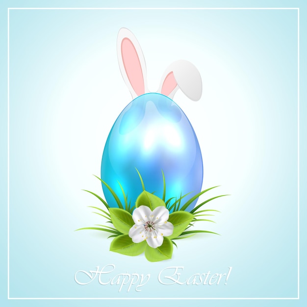 Blue Easter egg with flower and bunny ears, illustration.