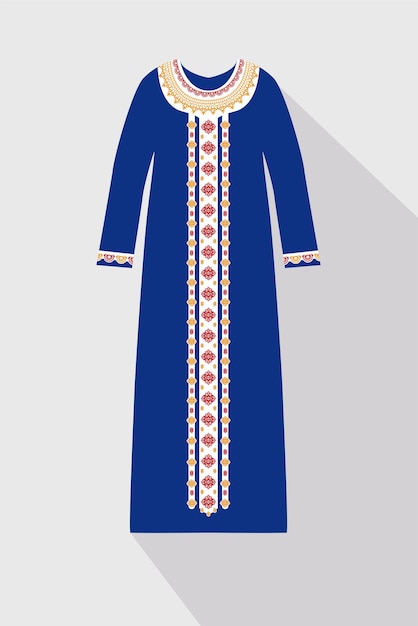 Blue embroidery arabian abaya in flat style. Muslim hijab, islamic female dress. Long dress icon