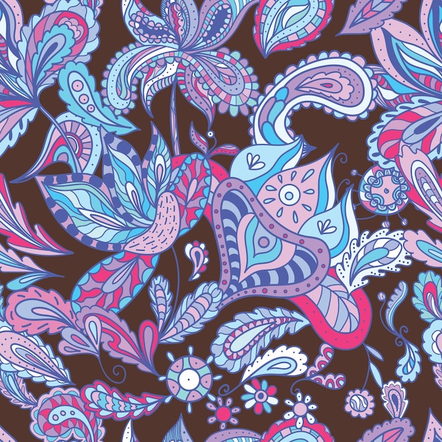 Blue ethnic paisley ornaments with pink color on brown background