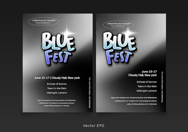 Blue Fest band poster grainy brutalism effect abstract vector template with typography banner y2k