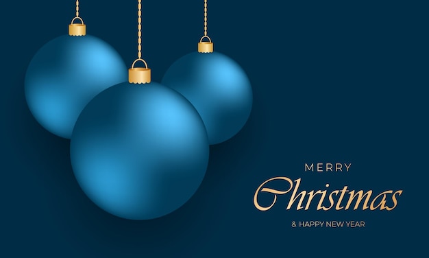 Blue festive christmas balls hanging on gold chains on a navy blue background