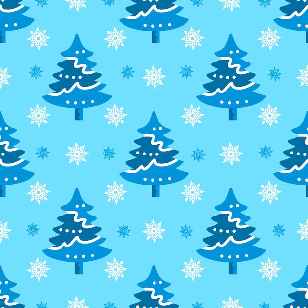 Blue fir trees and snowflakes on a blue background