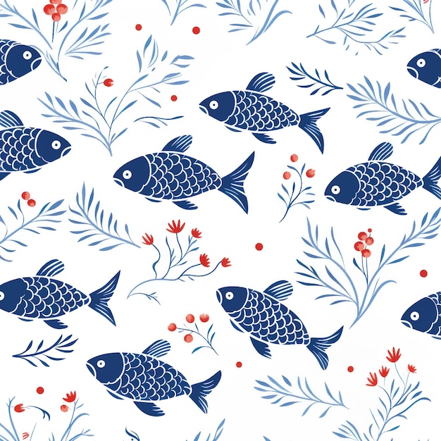 Vector blue fish floral pattern