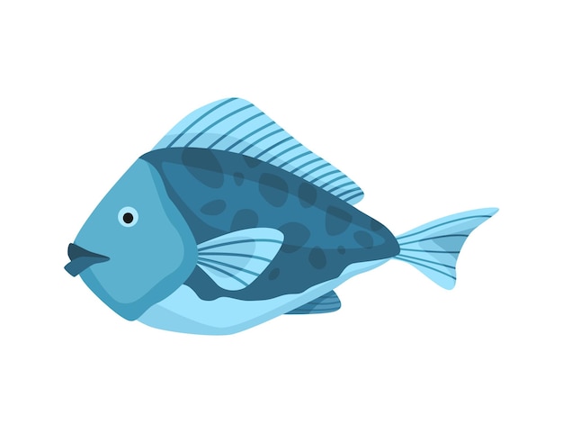 Blue fish  sea and ocean animal Fauna character in flat cartoon style Vector cute colorful object isolated on white background