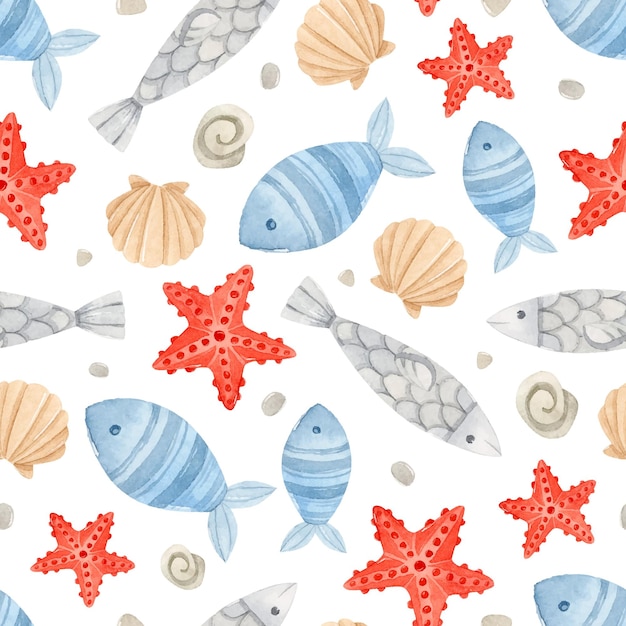 Blue fish trout starfish and seashells watercolor seamless pattern