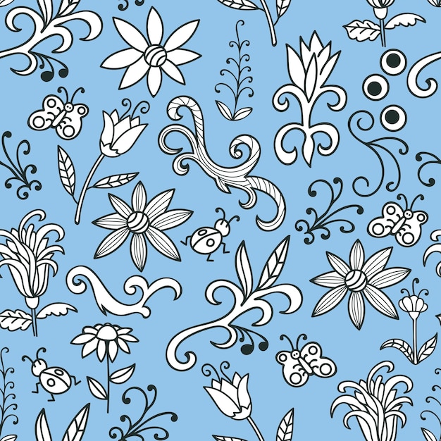 Blue floral doodle seamless pattern with flowers, swirls, insects, butterfly. Seamless botanic