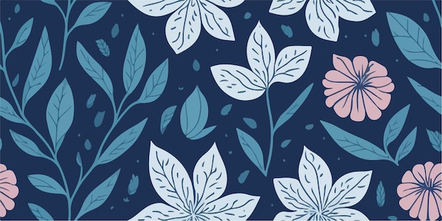 A blue floral pattern with a pink flower on a dark blue background