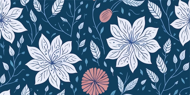 A blue floral pattern with pink flowers and leaves