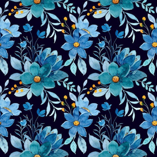 Blue floral watercolor seamless pattern on dark background