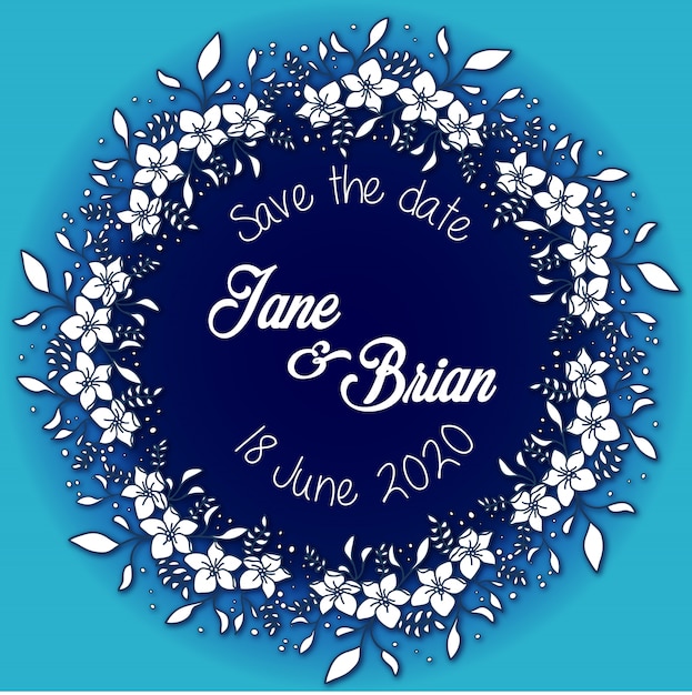 Blue floral wreath, save the date, with white flowers