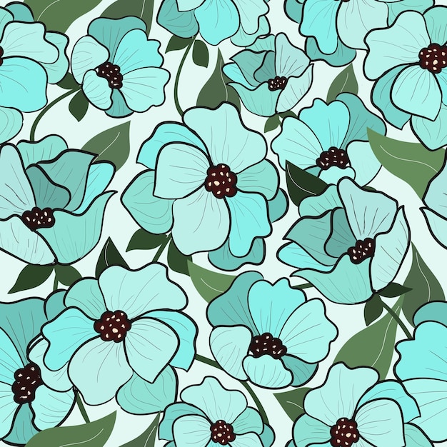 Blue flower and green leaf seamless pattern