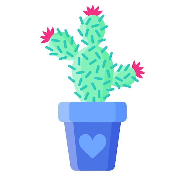 Blue flower pot with cactus or succulent with flowers. Decorative natural elements of exotic plants.