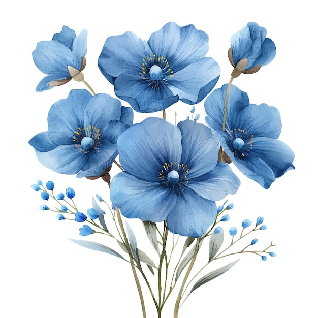 blue flowers bouquet vector illustration in watercolor style