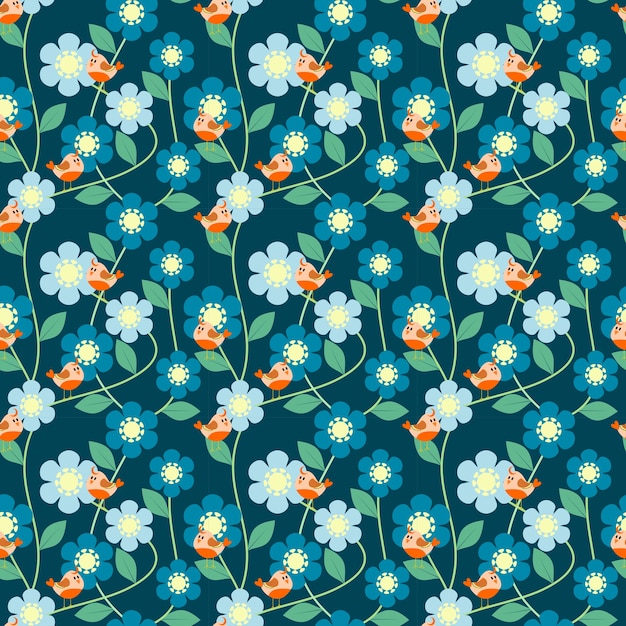 Blue flowers and little bird pattern