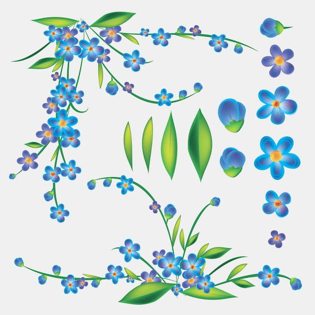 Blue flowers vector set Blue forget me not spring flowers in bouquet for wedding Decorative element for greeting card