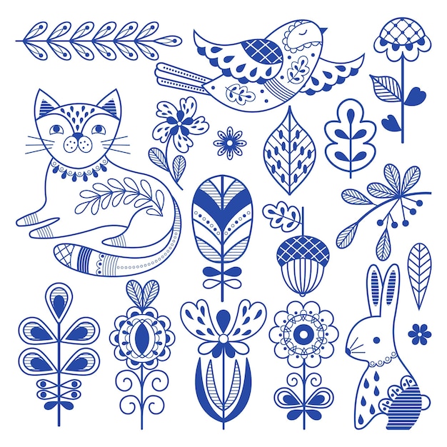 Blue folk finnish Swedish design borders ornament scandinavian folklore art Rustic decor nordic nature floral elements Cat bird and rabbit nowaday vector set