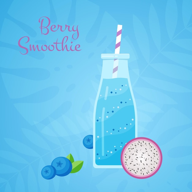 Blue fresh dragon fruit smoothie vector illustration blueberry and dragonfruit near bottle of blue