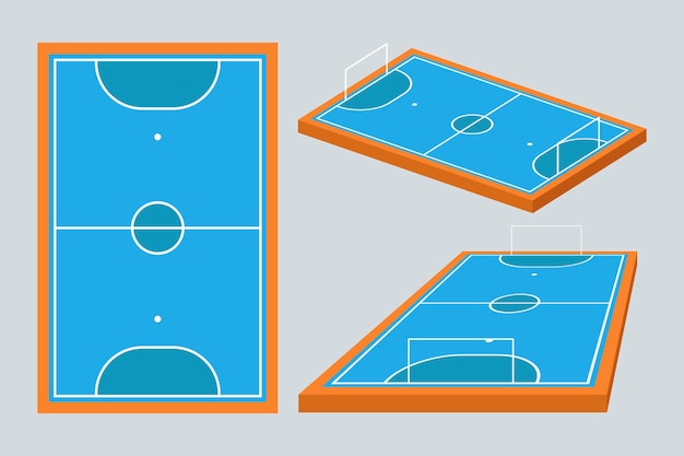 Blue futsal field in different perspectives