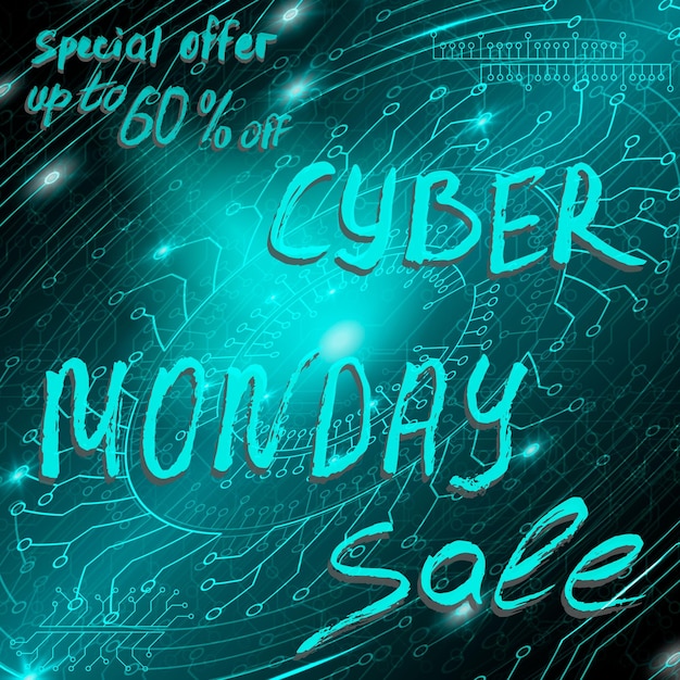 Vector blue futuristic technological background in cyberpunk style cyber monday the inscription is painted by hand with brush lettering for design of postcards calendar poster banner