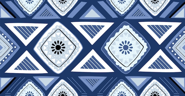 Vector blue geometric seamless pattern in african style 