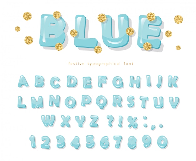 Blue glossy font. Gold glitter confetti.