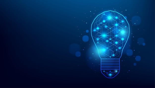 Blue glowing light bulb of an artificial intelligence with line dots on dark blue color background Digital technology creative ideas concept