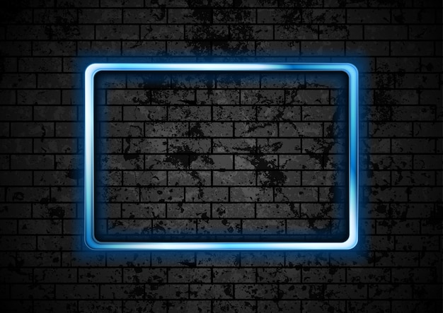 Blue glowing neon rectangle frame on brick wall