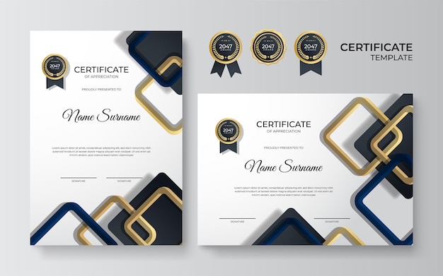 Blue and gold certificate of achievement border template with luxury badge and modern line pattern For award business award achievement and education needs