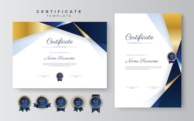 Blue and gold certificate of achievement border template with luxury badge and modern line pattern For award business and education needs