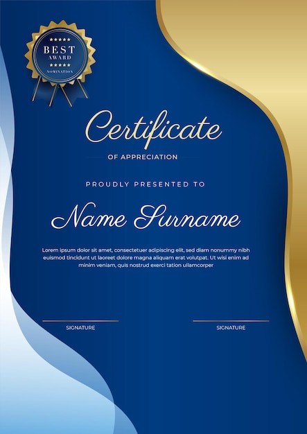 Blue and gold certificate of achievement border template with luxury badge and modern line pattern For award business and education needs