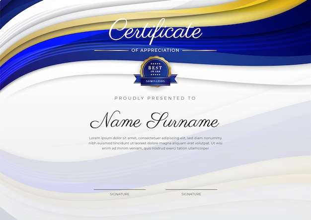 Blue and gold certificate of achievement border template with luxury badge and modern line pattern For award business and education needs