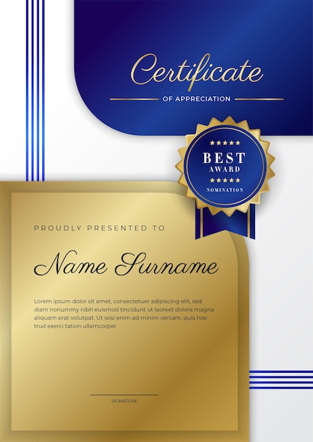 Blue and gold certificate of achievement border template with luxury badge and modern line pattern For award business and education needs