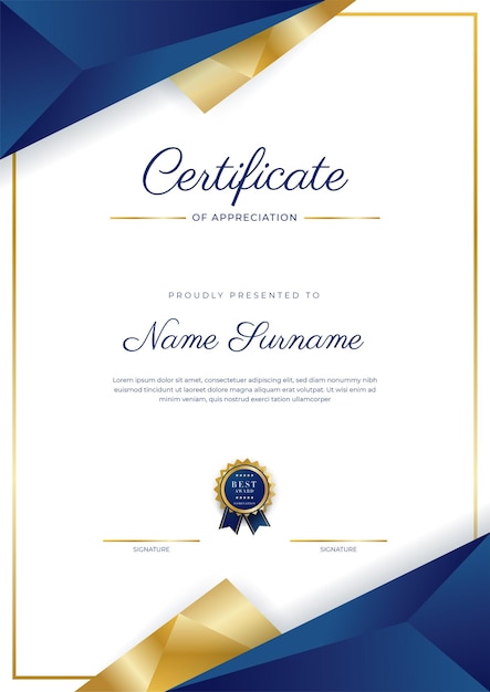 Blue and gold certificate of achievement border template with luxury badge and modern line pattern For award business and education needs