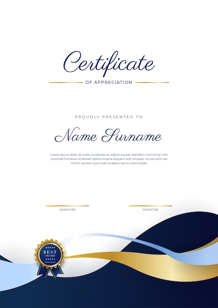 Blue and gold certificate of achievement border template with luxury badge and modern line pattern For award business and education needs