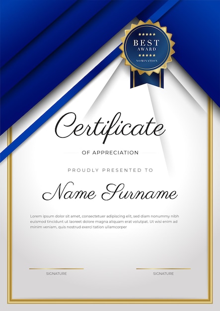 Blue and gold certificate of achievement border template with luxury badge and modern line pattern For award business and education needs