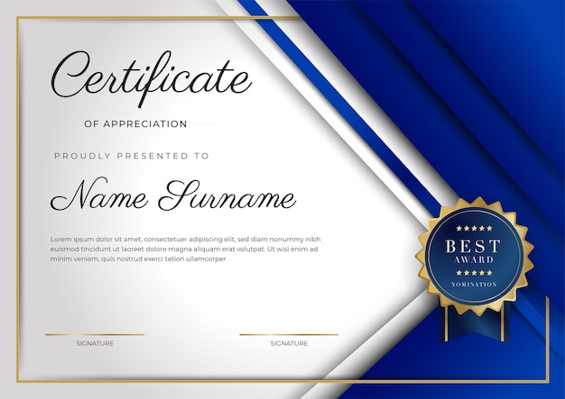 Blue and gold certificate of achievement border template with luxury badge and modern line pattern For award business and education needs