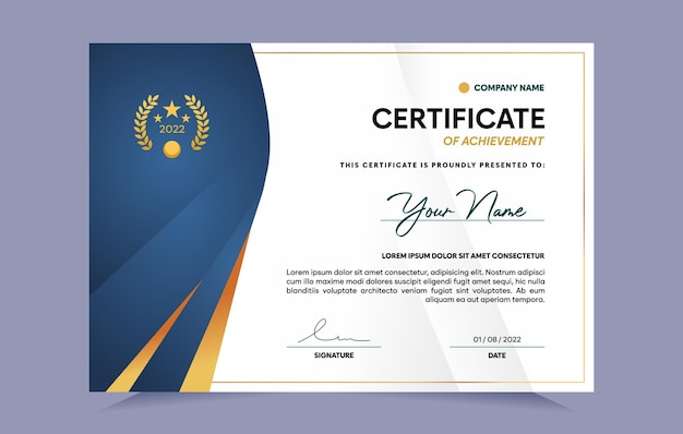 Blue and gold certificate of achievement template. For award, business, and education needs