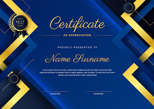 Blue and gold certificate of achievement template with gold badge and border Diploma certificate border template set with badges for award business and education