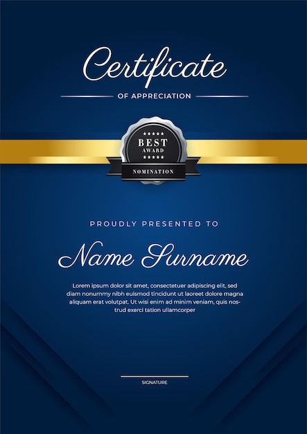 Blue and gold certificate of achievement template with gold badge and border