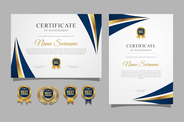 Blue and gold certificate of appreciation border template with luxury badges and modern line pattern