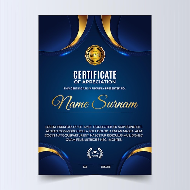 Blue and gold certificate template