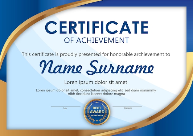 Blue and gold certificate template