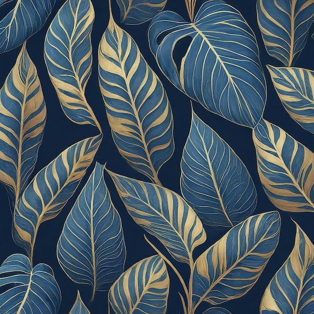 Vector blue and gold tree leaves design great for wall art and home decor golden and dark blue leaves on