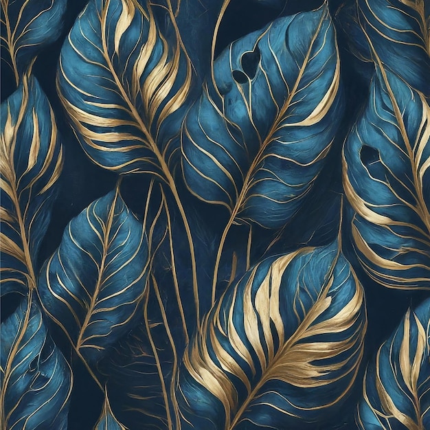 Vector blue and gold tree leaves design great for wall art and home decor golden and dark blue leaves on