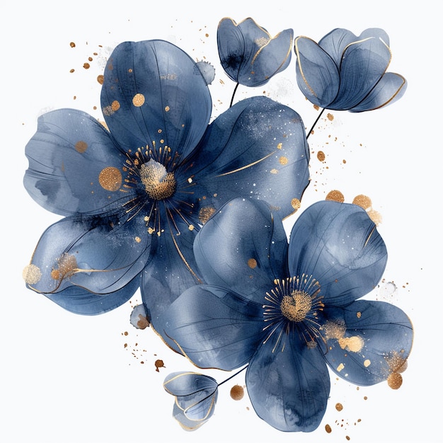 Vector blue and gold watercolor floral illustration